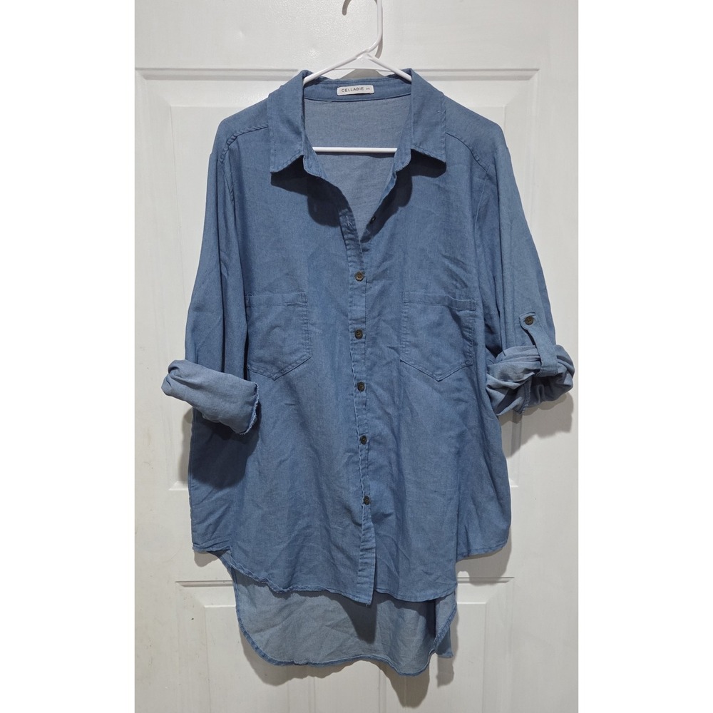 Cellabie Lightweight Denim Buttom Up Shirt High Low Hem Women Plus 2XL
